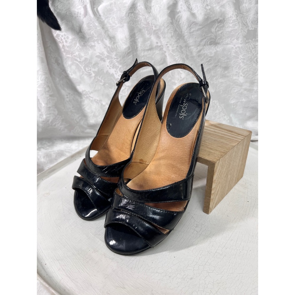 Softspots Womens Black Patent Leather Slingback Sandals Heels 8W 7386611
